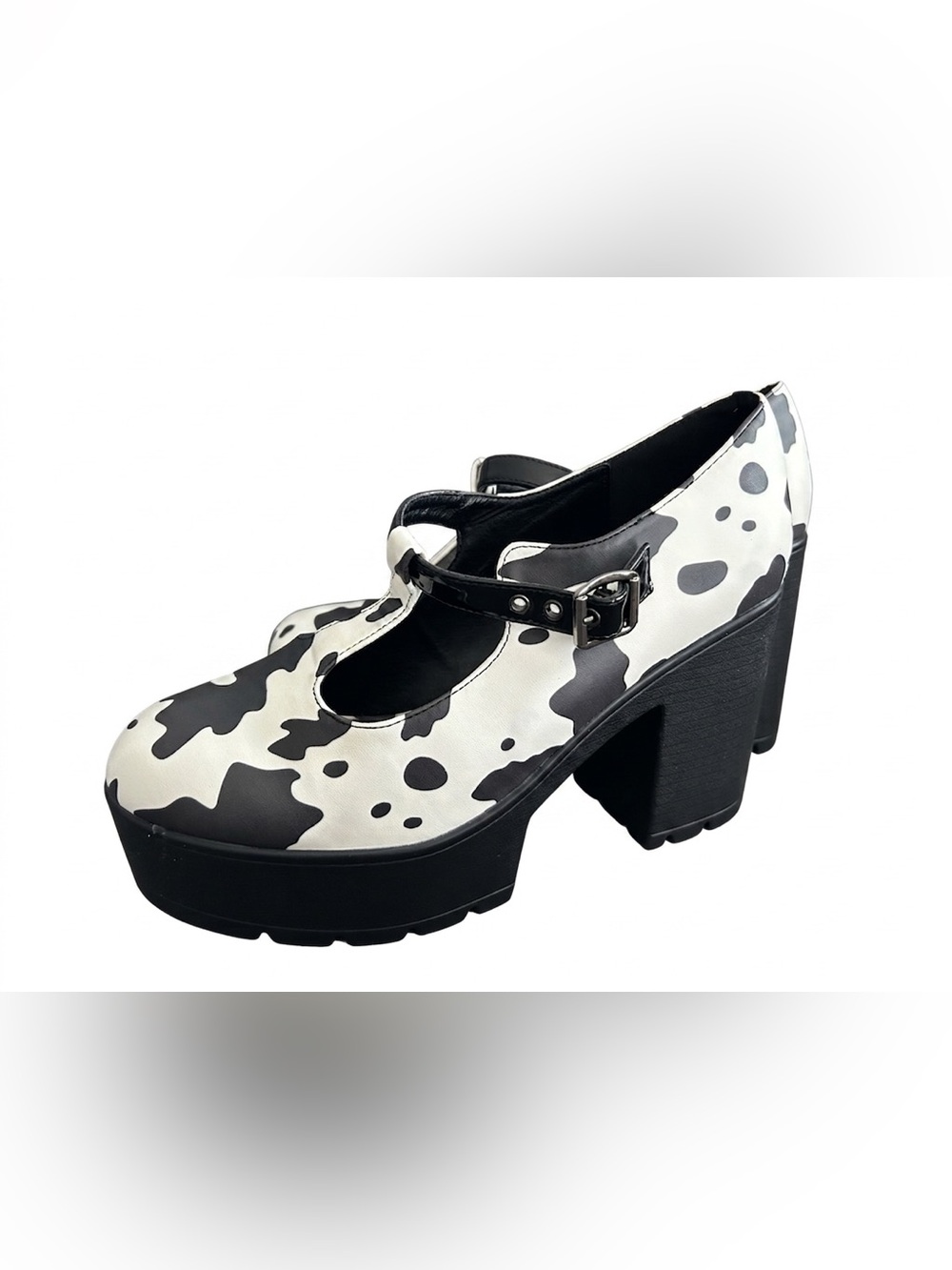 SHE & IN Cow Print Platform Mary Janes T-Strap Size 10 Goth Punk Chunky Heels